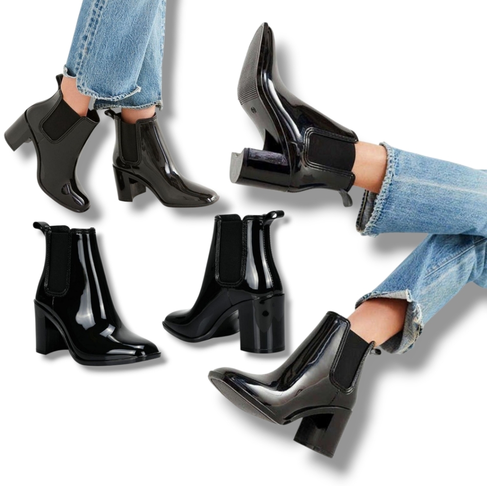 New 🖤 B2 Browns Glossy Black Rubber Heeled Rain Boots